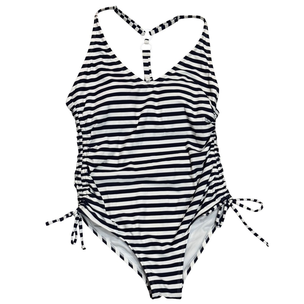 Kona Sol One Piece Swimsuit Women L Navy White Striped Ruched Racerback Good